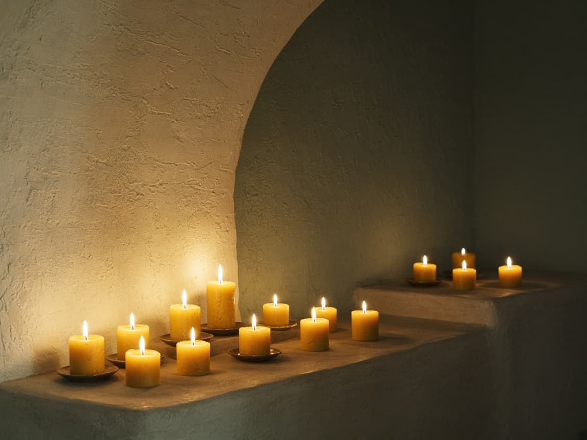 Many small candles glowing in a quiet alcove.