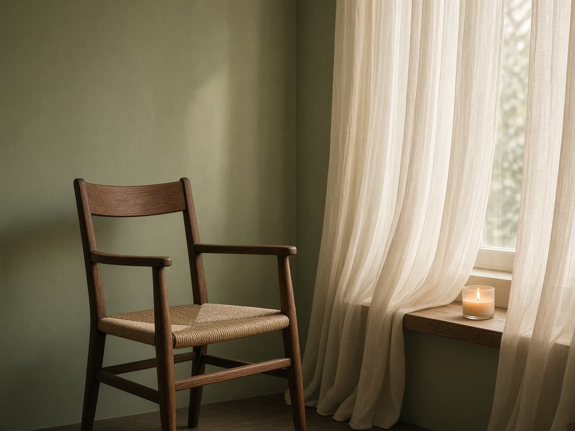 An empty wooden chair beside a window, with a single candle on the sill.