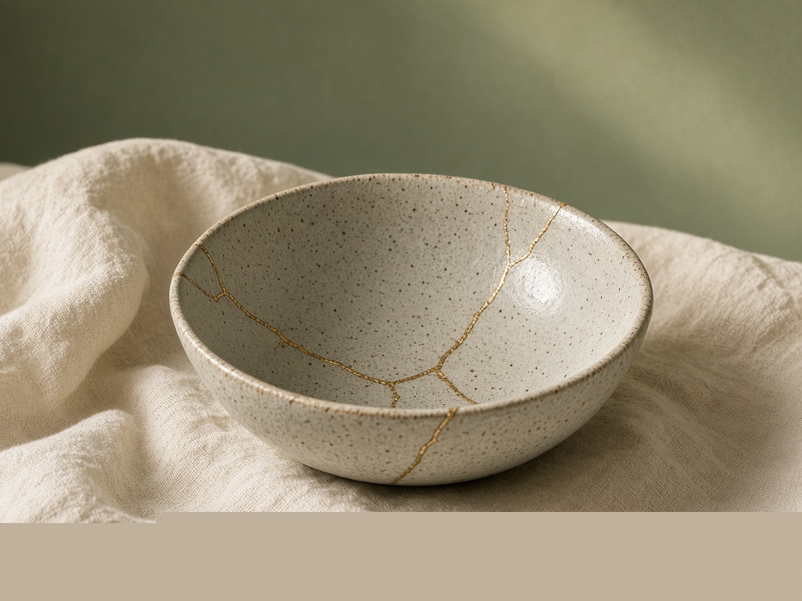 A ceramic bowl repaired with fine gold lines, resting on cream linen.