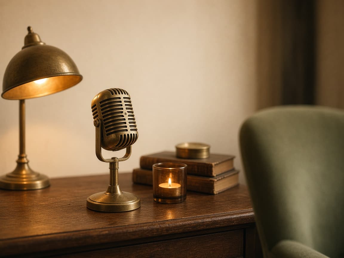 A small wooden desk with a brass microphone, a warm lamp, and a candle.