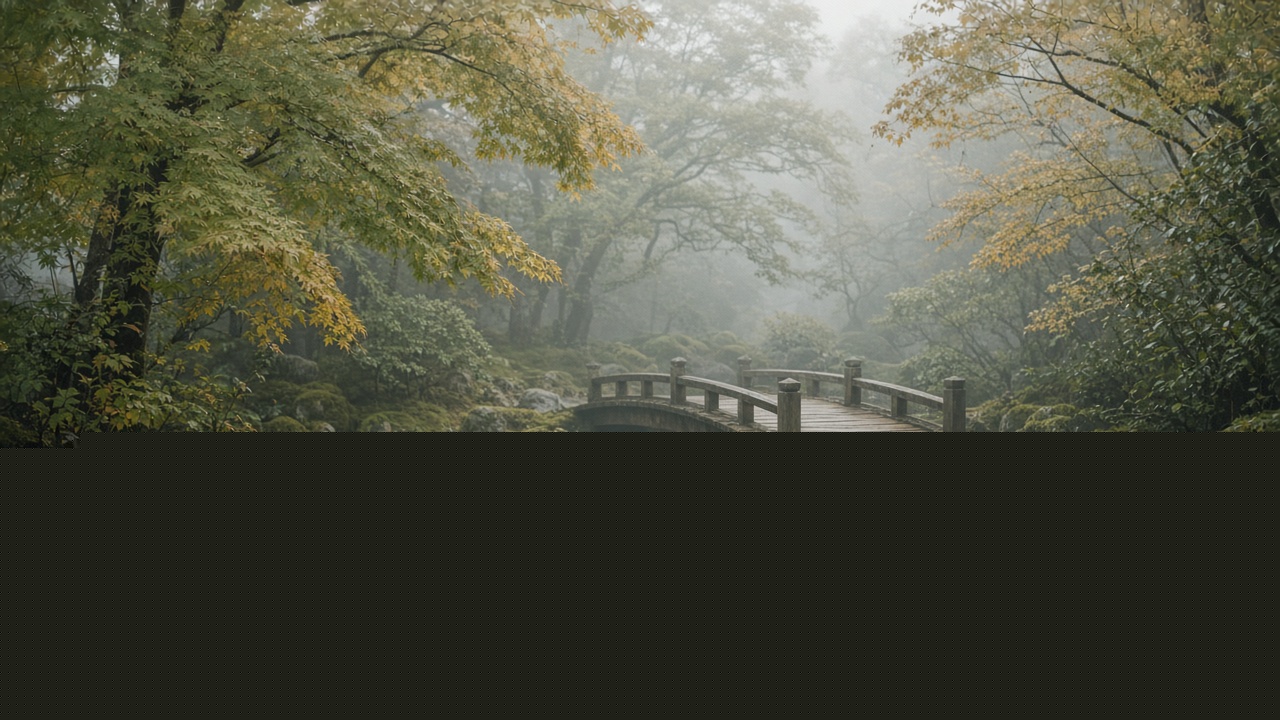 A pale gravel path through a mossy garden, crossing a simple wooden bridge.